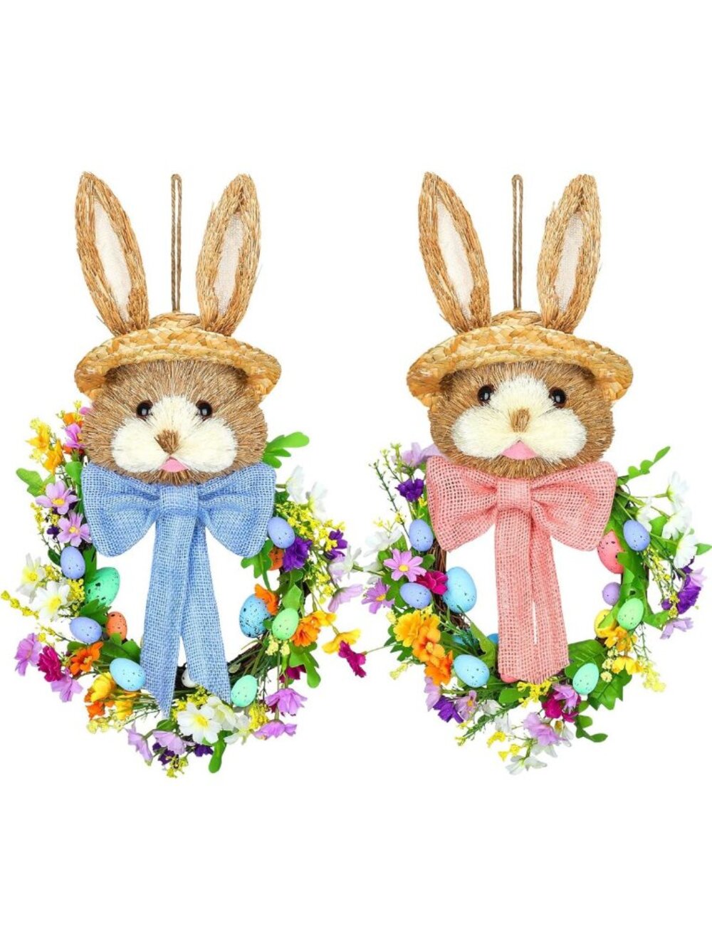 Easter Bunny Wreath Set - Colorful Eggs & Flowers, Hanging Decor for Front Door